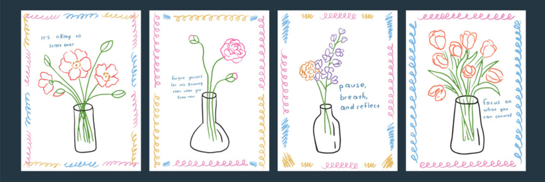Posters with drawn outline flowers in vases. Background with plant bouquets in flowerpots and floral pots with pencil. Abstract poppy, lily in sketch style