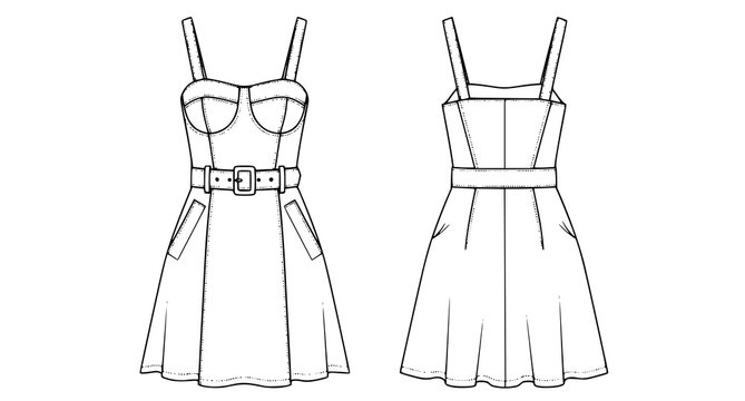 Belted bustier dress with pockets technical flat drawing front and back womens fashion vector illustration set