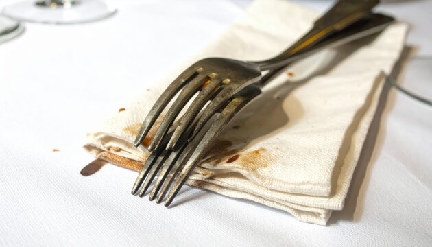 Bent metal fork tines slightly bent outwards resting on a stained linen napkin