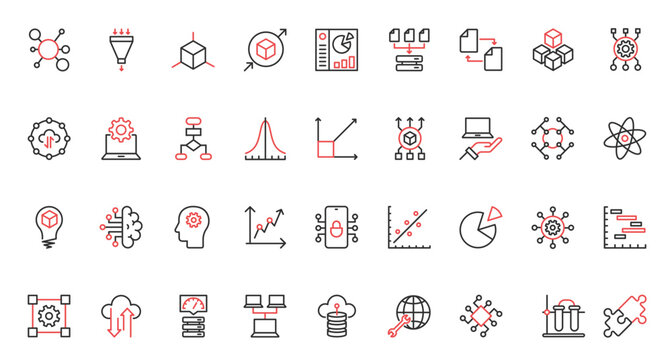 Data report and science model research, deep analysis with AI trendy red black thin line icons set vector illustration. Machine learning, probability calculation, algorithms and system prediction.