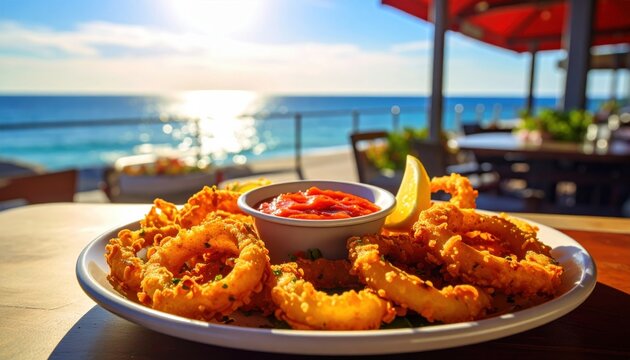 Crispy Fried Calamari Rings with Marinara Sauce Served Outdoors at a Seaside Restaurant