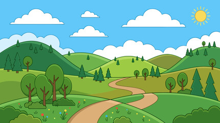Fototapeta premium A serene landscape of rolling hills, trees, and a winding road under a sunny sky with clouds.