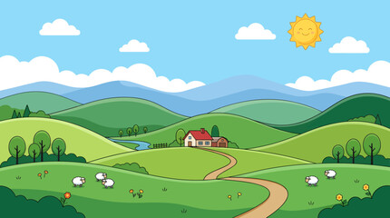 Fototapeta premium Sheep graze peacefully on a sunny hillside with a house and winding road in a serene natural landscape.