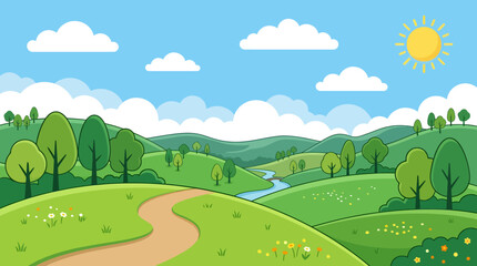 Fototapeta premium Sunny day with a winding road through rolling hills and trees
