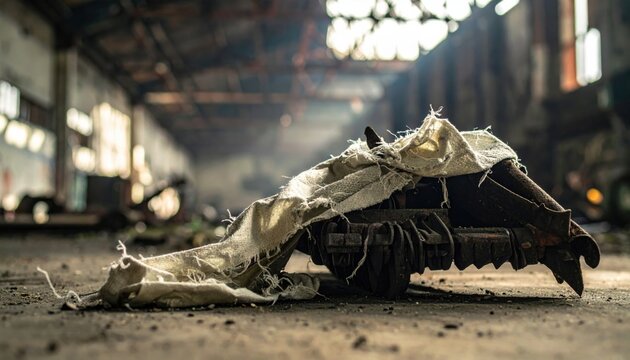 Frayed and discolored parachute fabric draped over rusted industrial machinery in an abandoned building