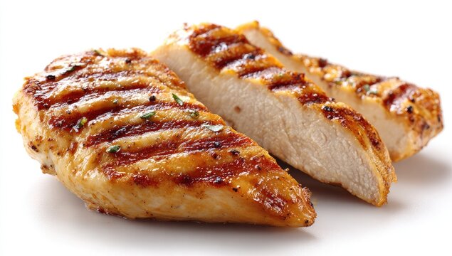Sliced grilled chicken breast with char marks and herbs, moist and tender