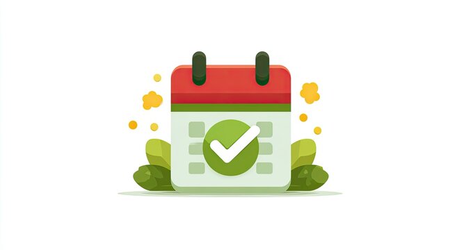 A stylized calendar icon with a green checkmark, representing completion or a scheduled event