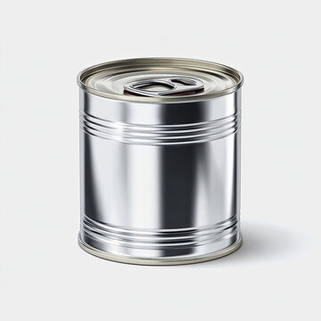 Gleaming, cylindrical metal container with a pull-tab lid on a plain background