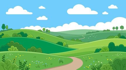 Fototapeta premium A serene landscape of rolling hills and lush greenery under a blue sky with fluffy clouds and a winding dirt road.