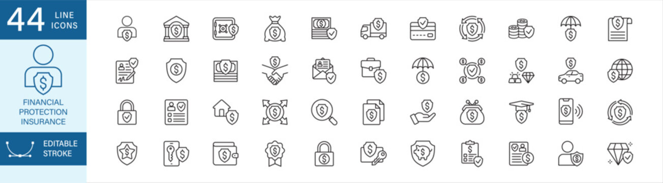Financial protection, insurance icon set. Containing icon symbol : finance, life insurance, financial, security, asset, savings, guarantee, wealth, money, cash, investment, shield, guard, safety.