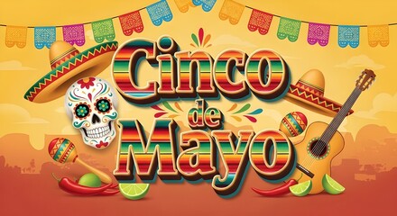 Fototapeta premium Festive Cinco de Mayo banner featuring a decorated sugar skull, sombreros, guitar, maracas and colorful papal picador for a lively Mexican celebration, party promotion, or cultural event design