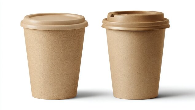 Two plain brown paper coffee cups with lids, one sealed, one open