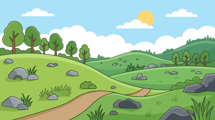Obraz premium A serene landscape with trees and rocks on green hills under a sunny sky with a dirt path.
