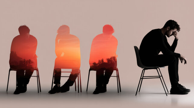 Young adult man sitting, head resting on hand, depicting exhaustion, emotional fatigue, and stress from burnout, embodying concepts of mental health struggle and the need for recovery