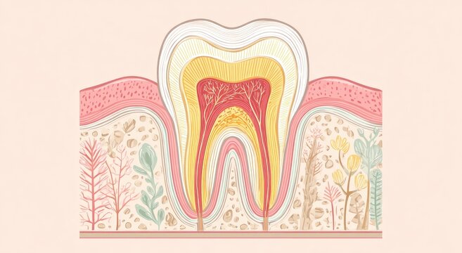 Cross-section of a stylized tooth revealing colorful internal layers and surrounding gingival tissue