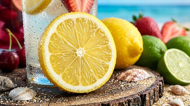 Minuman Segar Jeruk Lemon Slice dengan Buah Stroberi, Ceri, Jeruk Nipis di Pantai Tropis Saat Liburan