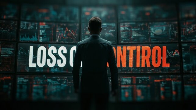 A man in a suit stands in front of a large screen displaying loss and control