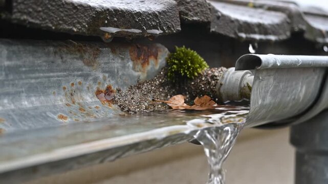 Close-up of water flowing from a metal drainpipe attached to an outdoor gutter