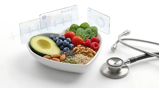 Makanan Sehat Jantung dengan Stetoskop dan Grafik EKG Konsep Kesehatan