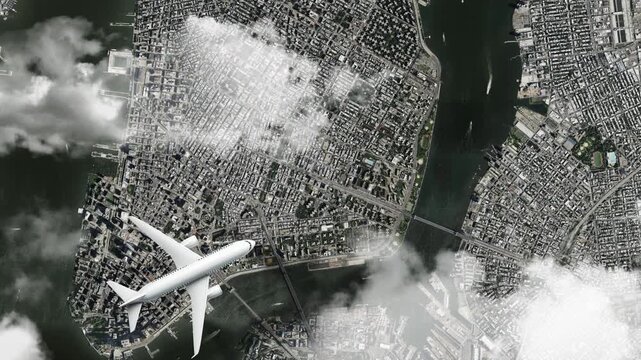 Airplane Flying over Statue of Liberty, New York, USA and Clouds. Aerial Airplane scenes. Jet Flying Over City. Aerial City Animation, Vox Style Map Animation 4K