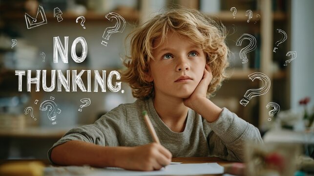 A young boy sitting at a desk with a puzzled expression on his face