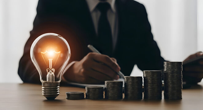 Illuminating Business Growth A Lightbulb Symbolizing Ideas, Strategy, and Financial Success with Stacked Coins
