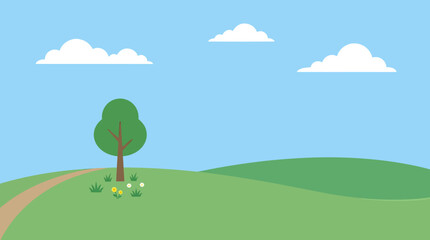 Fototapeta premium Idyllic countryside scene featuring a lone tree and blooming wildflowers on a rolling green hill under a bright blue sky with fluffy white clouds, evoking a sense of peace and natural beauty