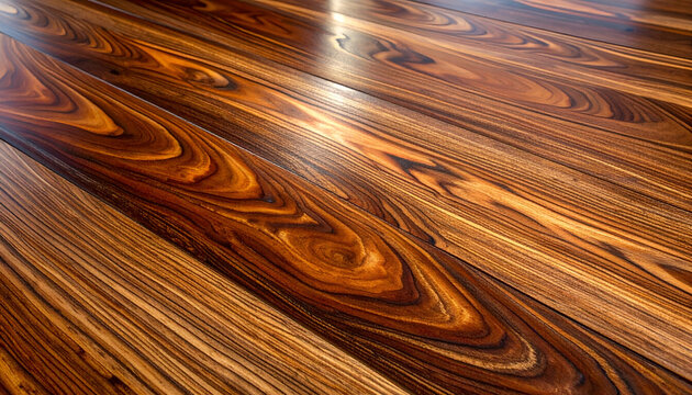 Exotic wooden flooring with striking natural woodgrain pattern and polished finish
