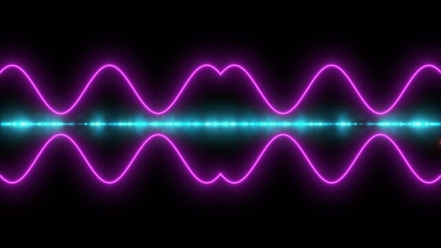 Symmetric purple neon sine waves oscillating above and below a glowing blue horizontal energy beam on a dark background for futuristic technology visuals