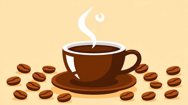Steaming Coffee Cup with Beans - A Warm, Animated Illustration.