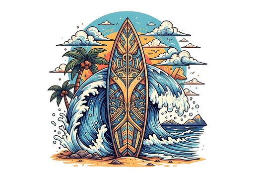Tribal pattern surfboard on tropical beach with ocean waves and palm trees isolated on white background