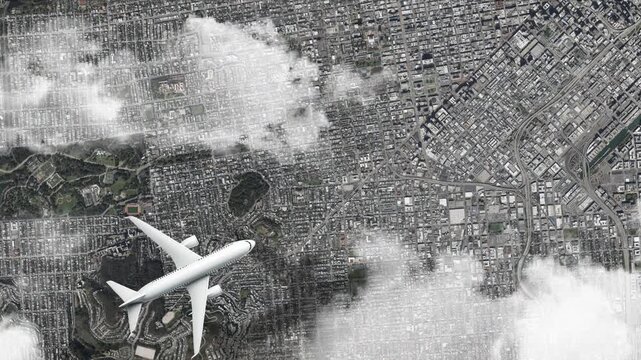 Airplane Flying over Golden Gate Bridge, San Francisco, USA and Clouds. Aerial Airplane scenes. Jet Flying Over City. Aerial City Animation, Vox Style Map Animation 4K