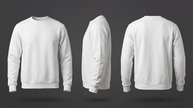 A white crewneck sweatshirt displayed from multiple angles on a dark background
