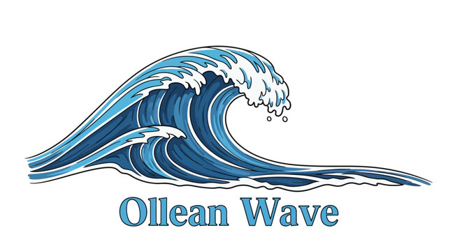 Stylized blue ocean wave illustration, powerful breaking sea surf, graphic design element for nautical themes