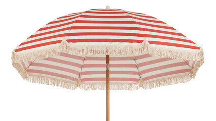 Front flat view of an open red and white striped beach umbrella isolated on a transparent background. © Omishu Makes