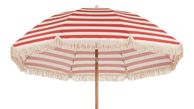 Front flat view of an open red and white striped beach umbrella isolated on a transparent background.