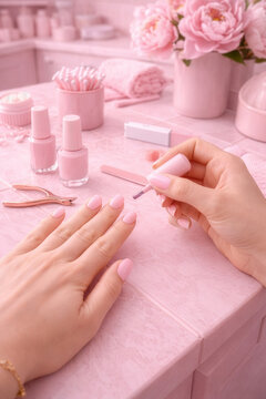 woman doing manicure in pink world