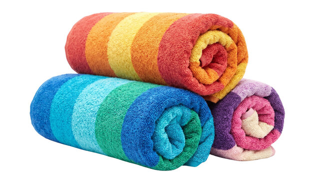 Stack of neatly folded colorful striped cotton beach towels isolated on a transparent background.