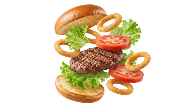 Deconstructed flying hamburger ingredients falling dynamically isolated on a transparent background.