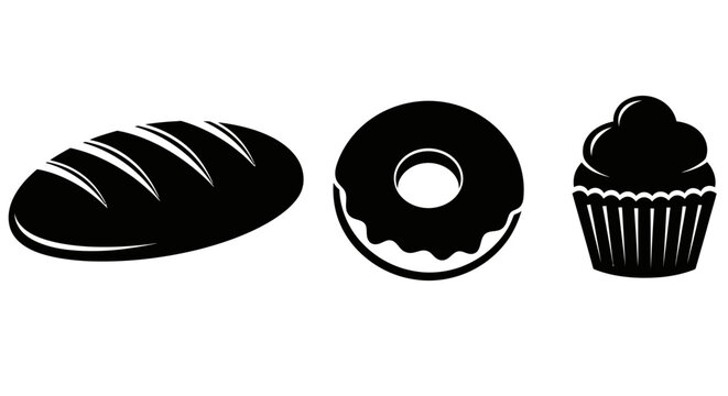 Black silhouette icons of bread, donut, and cupcake, representing bakery items, sweet treats, and staple foods in a minimalist graphic style.