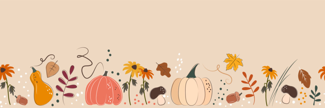 Seamless horizontal autumn pattern with pumpkins, mushrooms, leaves and flowers in hand drawn doodle style. Warm and cozy fall border for seasonal design, textiles, packaging, wrapping paper and backg