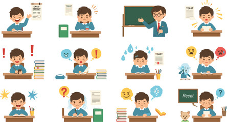 Fototapeta premiumCute Student Boy Classroom Emotion Scene Set with Exam, Teacher, Stress, Confusion, and Learning Poses for Education and School Designs