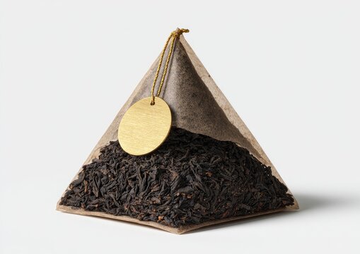 Triangular tea sachet overflows with dark, loose leaves, gold tag hangs