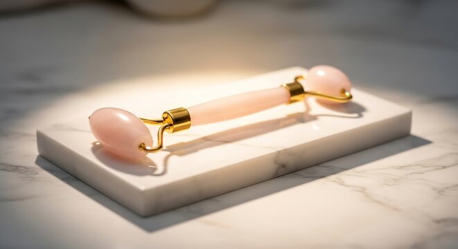 Elegant Rose Quartz Facial Roller on Marble for Skincare Routine.