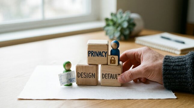 A hand building a tower of wooden blocks with privacy, design, and default written on them, symbolizing data protection and security.