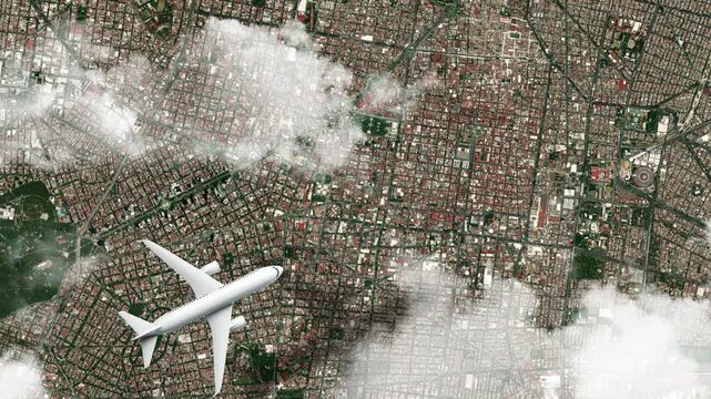 Airplane Flying over Z&oacute;calo, Mexico City, Mexico and Clouds. Aerial Airplane scenes. Jet Flying Over City. Aerial City Animation, Vox Style Map Animation 4K