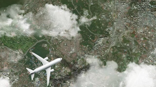 Airplane Flying over Petronas Twin Towers, Kuala Lumpur, Malaysia and Clouds. Aerial Airplane scenes. Jet Flying Over City. Aerial City Animation, Vox Style Map Animation 4K