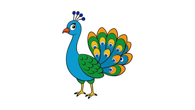 Colorful peacock illustration with vibrant feathers and cartoon style