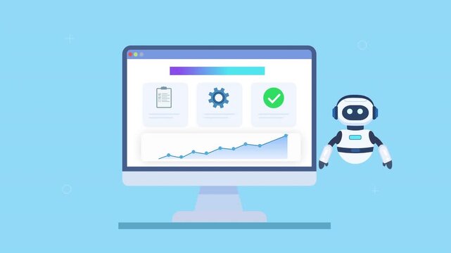 Friendly robot assistant interacting with automated dashboard featuring file management system, document handling, analytics charts, and progress indicators in smooth animation, representing organized