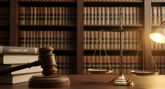 Gavel, law books, and scales of justice on a legal desk in a library, symbolizing the foundation of law, order, and impartial justice within the judicial system